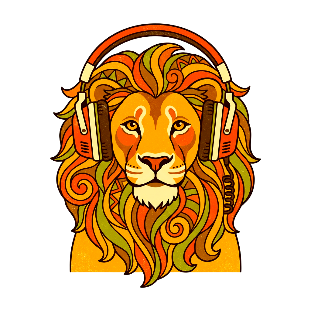 retro lion wearing headphones, 70s print